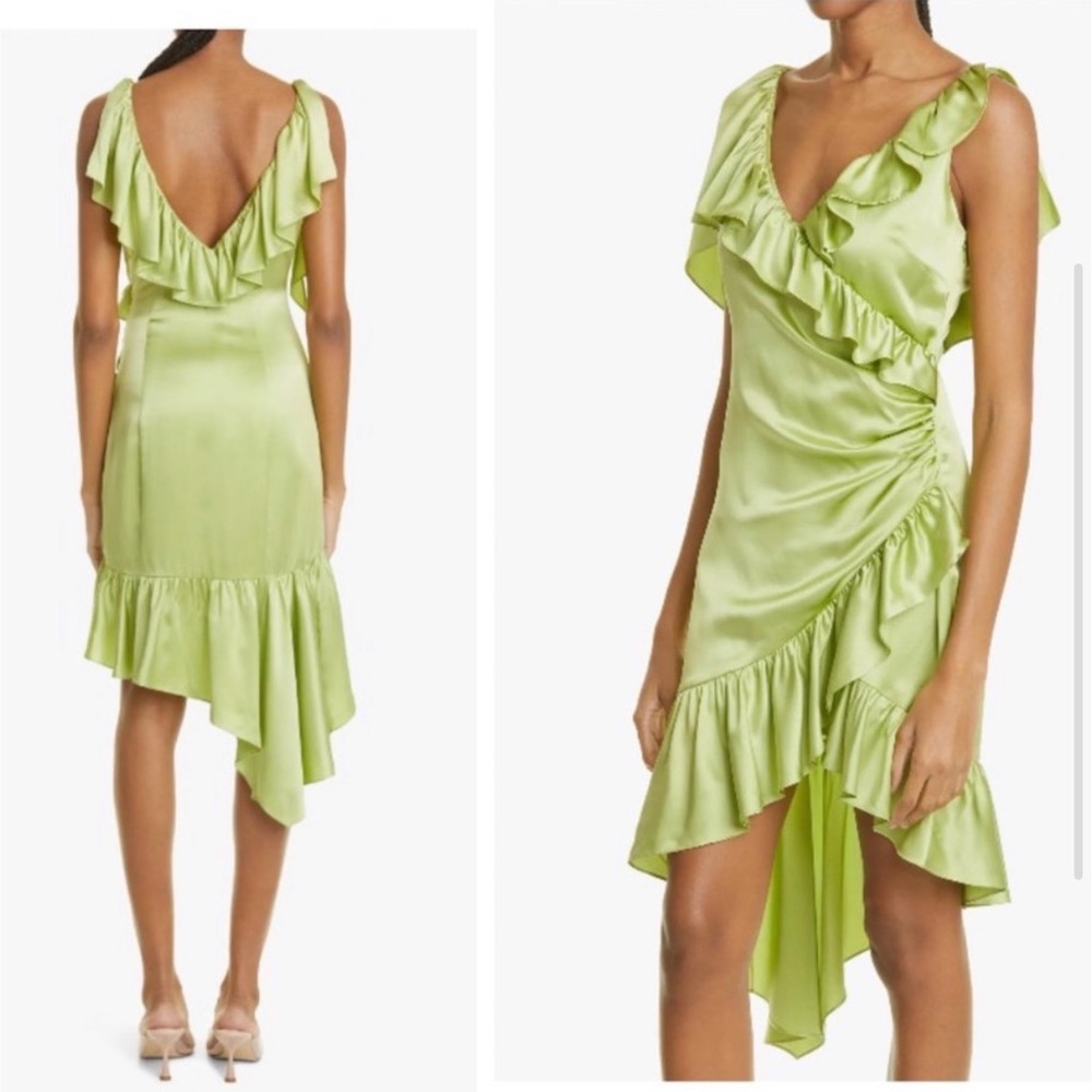 New Cinq á Sept Green Petunya Ruffle Silk Dress In Prickly Pear Size 4